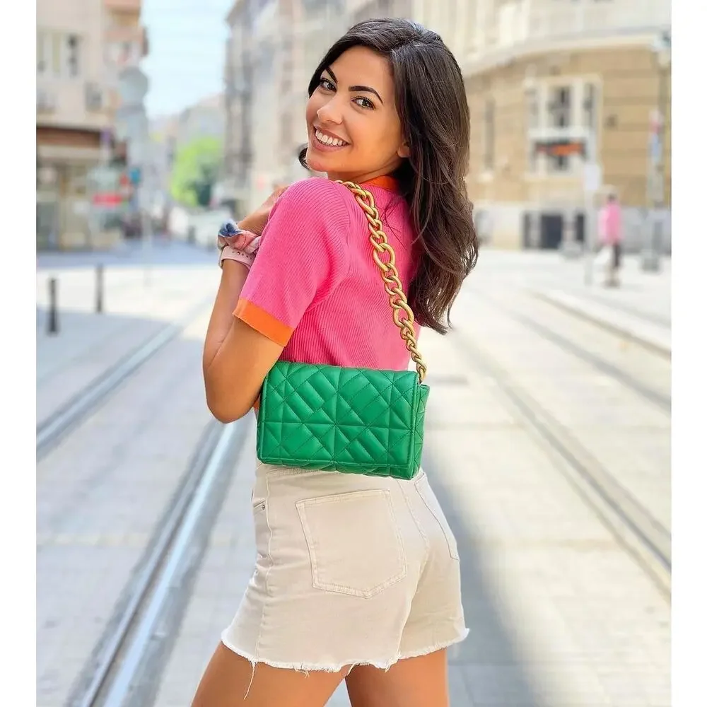 ZARA Green Quilted Chain Shoulder Bag NWT Gold Chain Purse OS